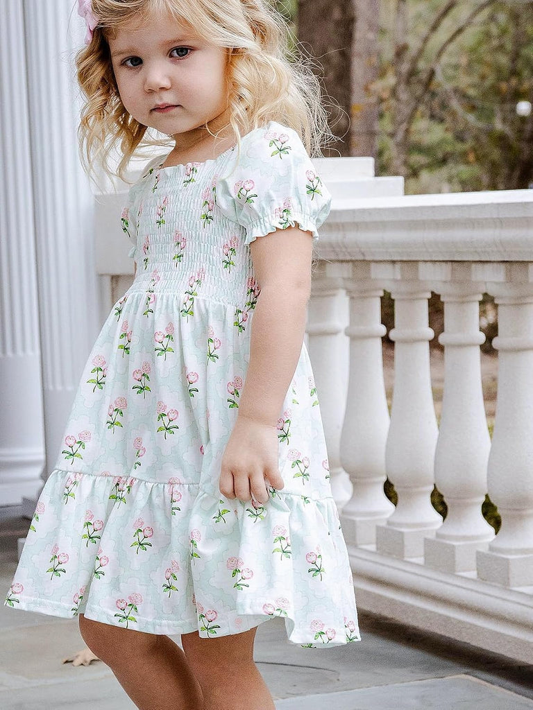 Toddler Baby Girls Summer Floral Dress Kids Puff Sleeve Square Neck Smocked Flowy Sun Dresses