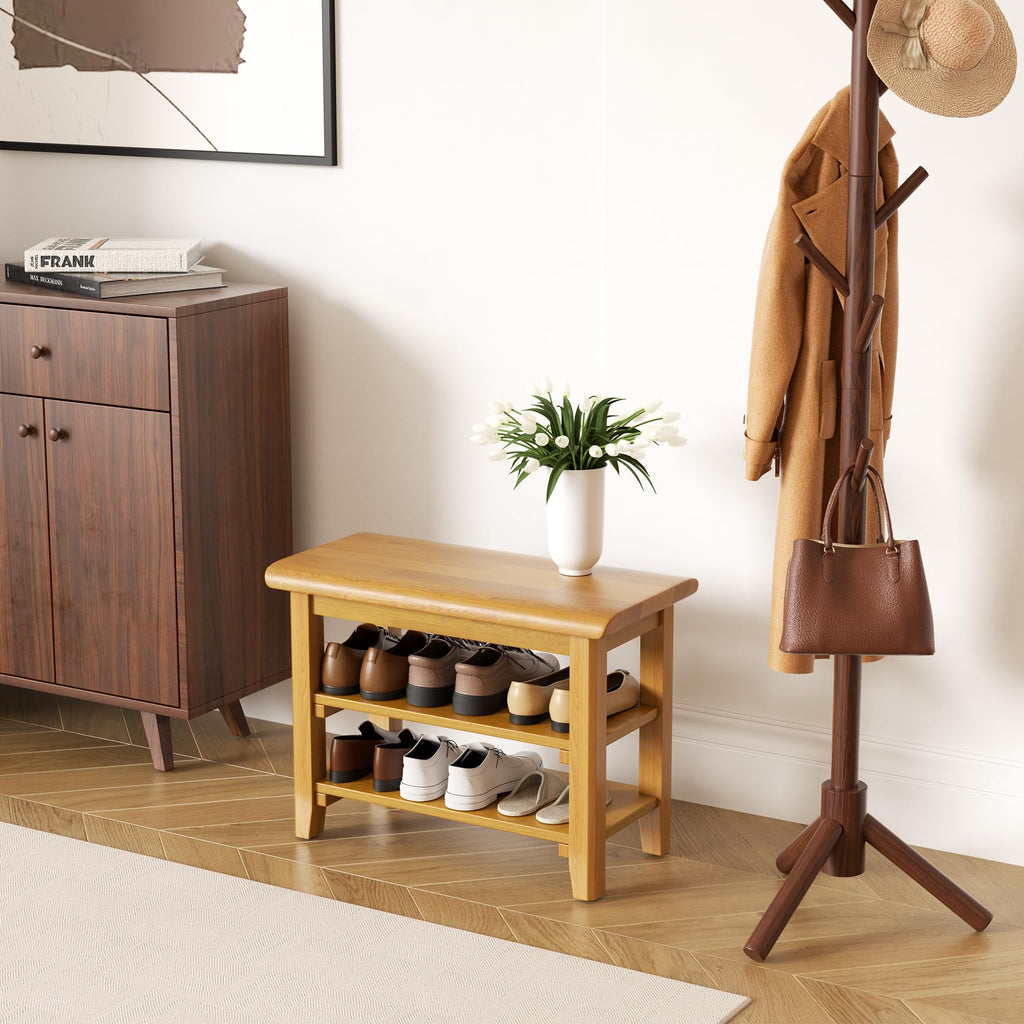 Shoe Rack Bench Mid Century Modern 2-Tier Shoe Rack Organizer Hallway or Living Room Farmhouse Rustic Wooden Seat