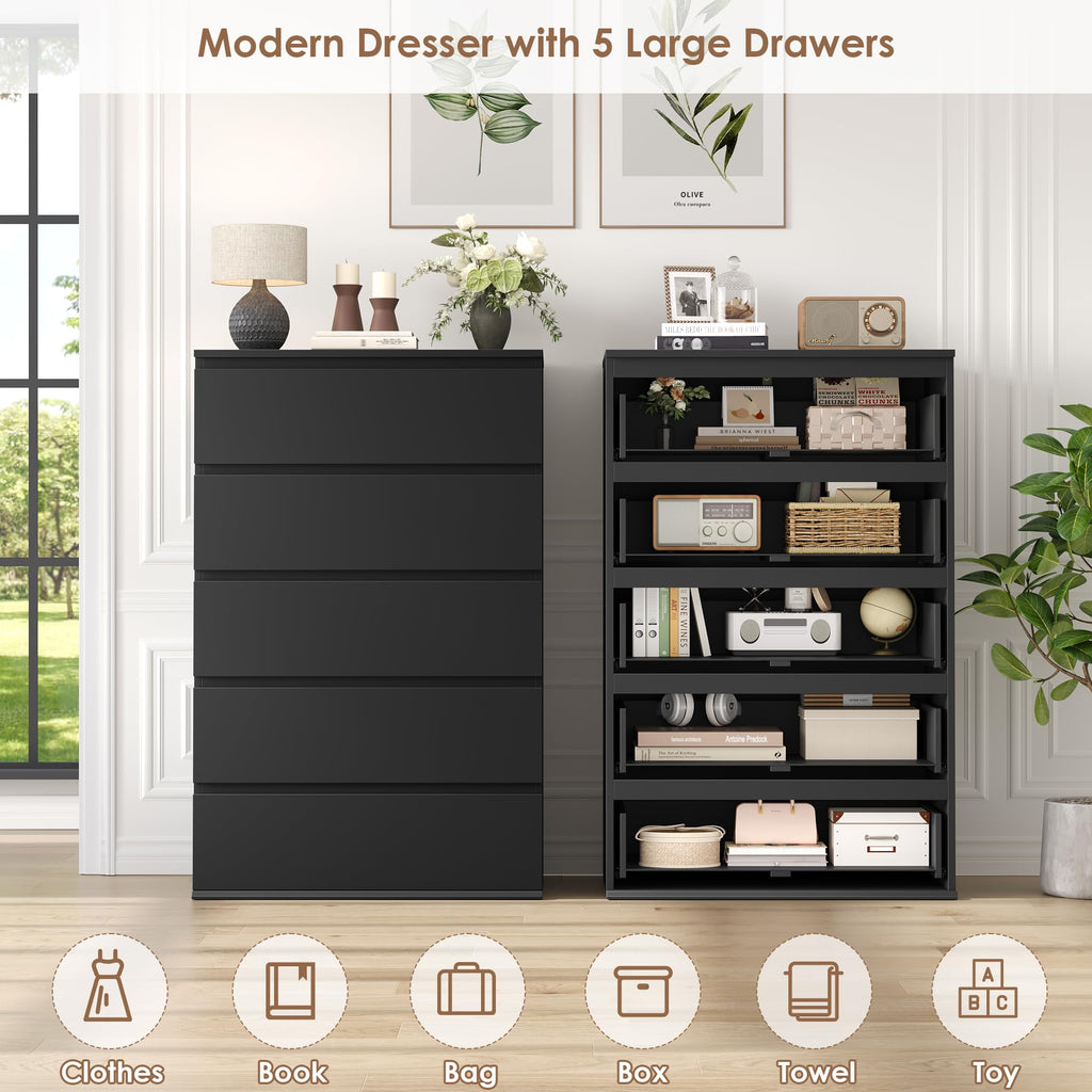 Black, 5 Drawer Chest of Drawers