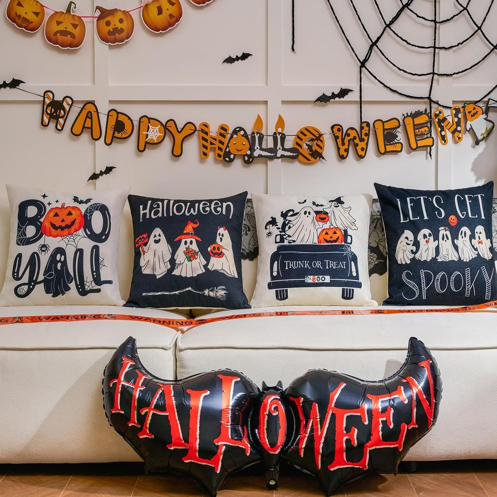 Ghost Halloween Decor-Throw Pillow Covers 20x20 in,Spooky Gothic Linen Pillow Case for Couch Fall Christmas - Set of 4