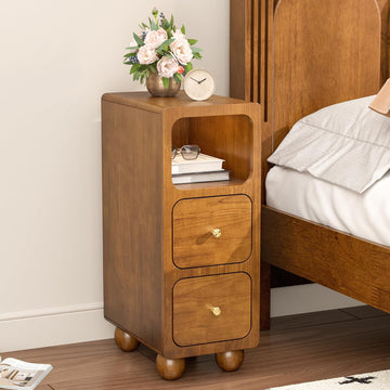 Narrow Nightstand, Small Tall Beside Table with 2 Drawers and Open Shelf, Walnut Solid Wood Night Stand, Mid Century