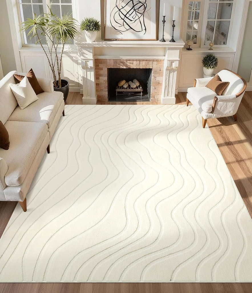 Abstract Wave Striped Area Rug, Modern Washable High-Low Pile Rug, Soft Textured Carpet, Beige Ivory White