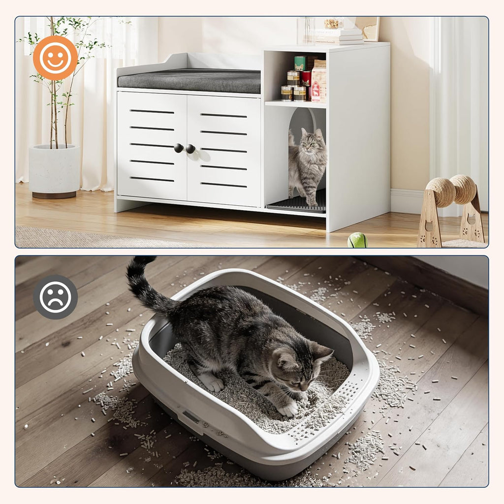 Tall Cat Litter Box Enclosure, 33.8" Wood Hidden Litter Box Cabinet Furniture with Scratch Pad, Large Farmhouse