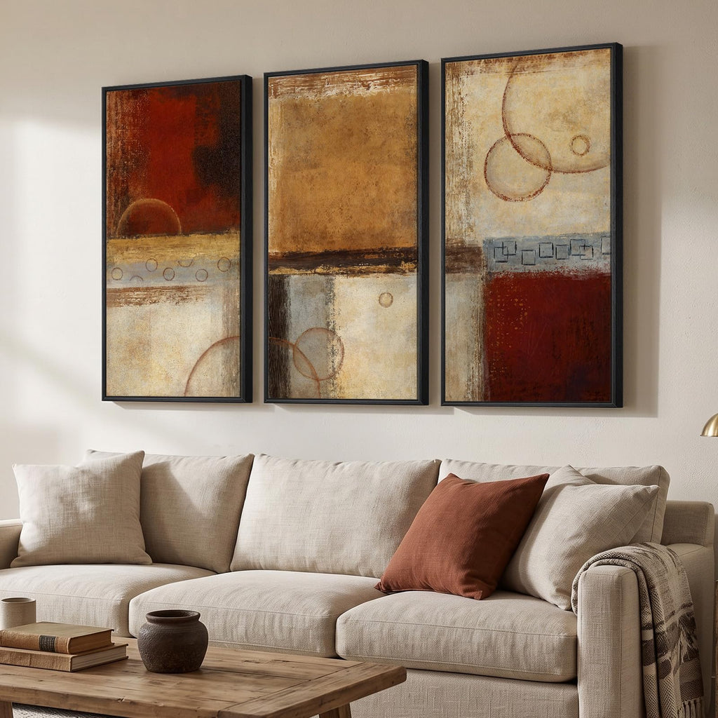 Large Framed Brown Red Abstract Wall Art, 3 Piece 20x40 In