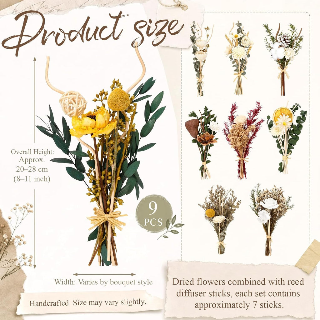Sets Reed Diffuser Sticks Flowers Natural Rattan, Dried Flowers - Set of 9