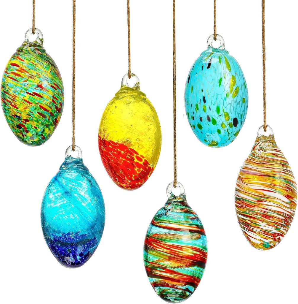 Hand Blown Glass Ball Egg Hanging Ornaments, Home Indoor Outdoor Decor - Set of 6