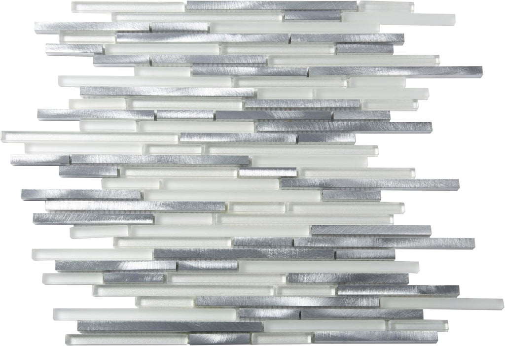 Linear Mosaic Glass & Metal Tile White & Silver 11.8x11.8 4.83 sq ft 5pk | Mesh-backed sheets. Kitchen backsplash