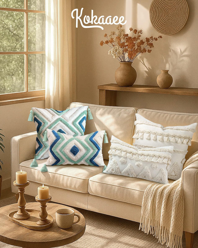 Lumbar Pillow Covers 12x20 - Tufted Boho Decorative Throw Pillow Cover with Zipper for Couch Sofa Bed Living Room