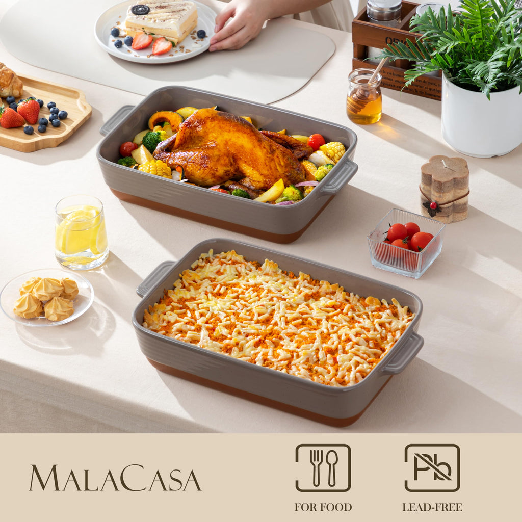 Large 9x13 Ceramic Baking Dish with Handles, 4.8 Qt, Khaki & Brown
