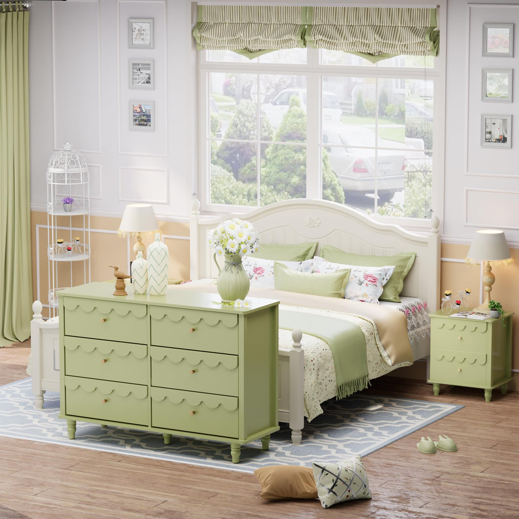 Scalloped Dresser Green 6 Drawer Dresser, Modern Wide Chest of Drawers, Scalloped Organizer Storage with Drawers