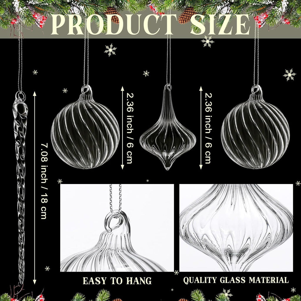 Clear Christmas Glass Ornaments Ball Icicle Drop Ornaments - Set of 18