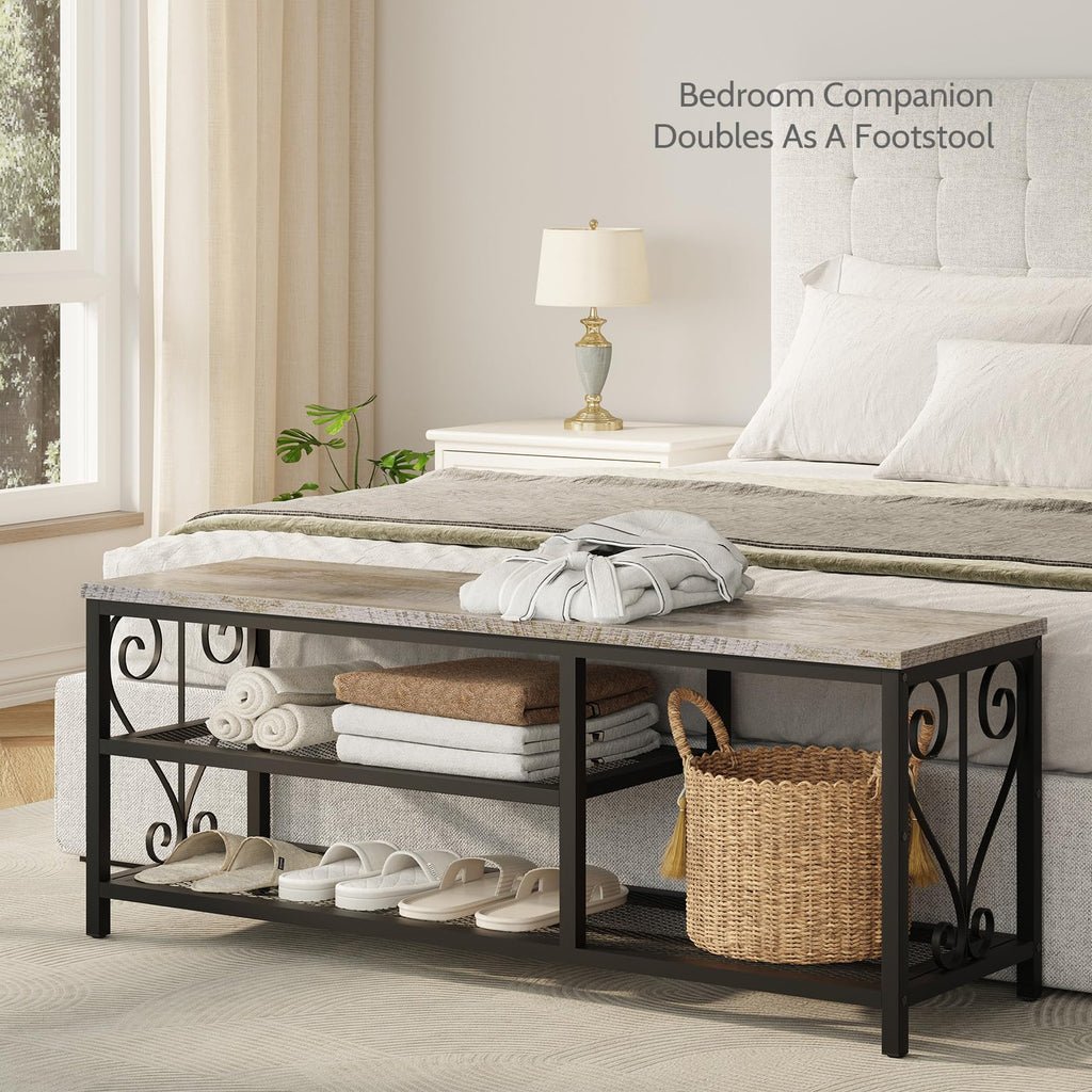 Entryway Storage Bench with Shoe Rack, 47.2" Wide Hallway Bench with Seating, Rustic Wood Top & Metal Frame, 2-Tier