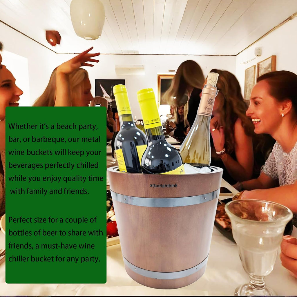 Insulated Wine Bucket, 4L Stainless Steel & Wood Wine Chiller Bucket for Wine, Champagne & Beer, Portable Wooden Ice