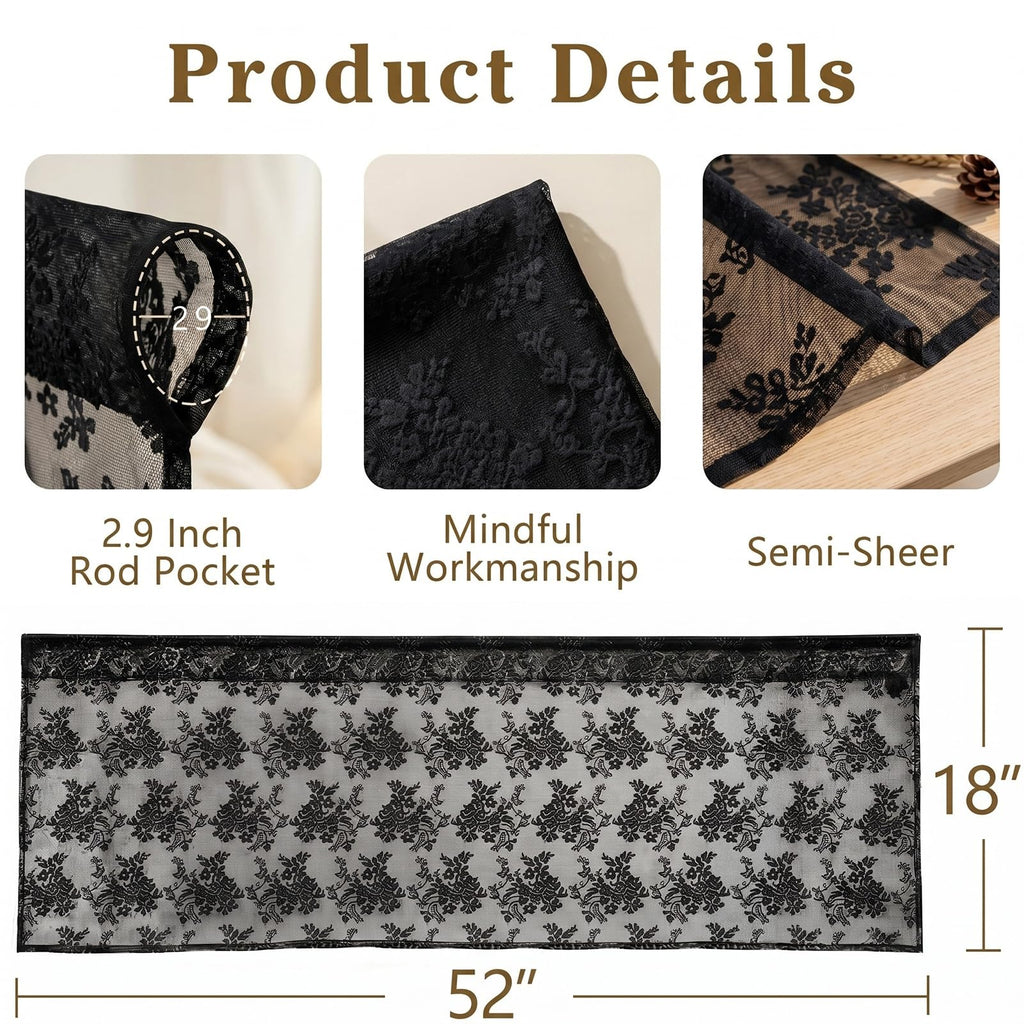 Valances for Windows, Lace, 4 Pack, 52x18 Inch, Floral Black