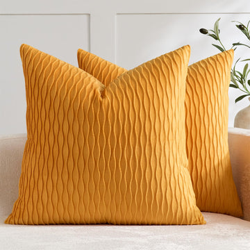 Fall Golden Yellow Couch Pillow Covers: Pack of 2 16x16 Inch Vertical Ripple Striped Velvet Square Throw Pillow Cases