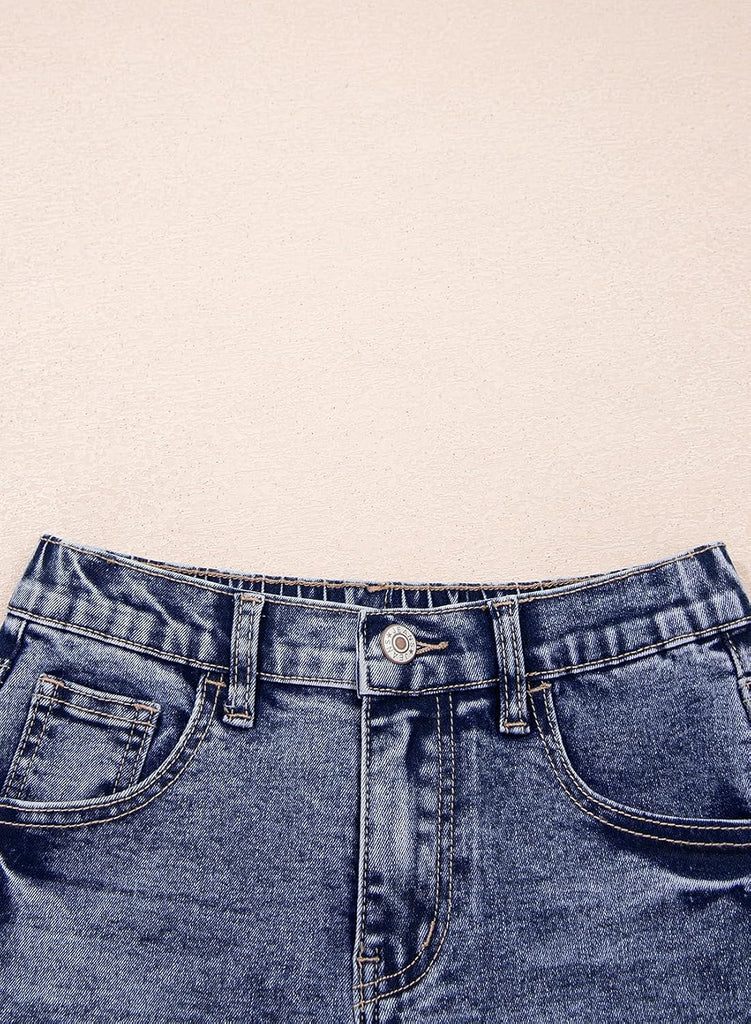 Girls Elastic High Waisted Denim Shorts Star Patched
