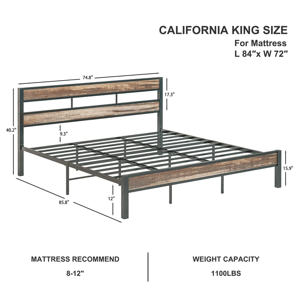 California King Bed Frame wtih Headboard, Rustic Brown