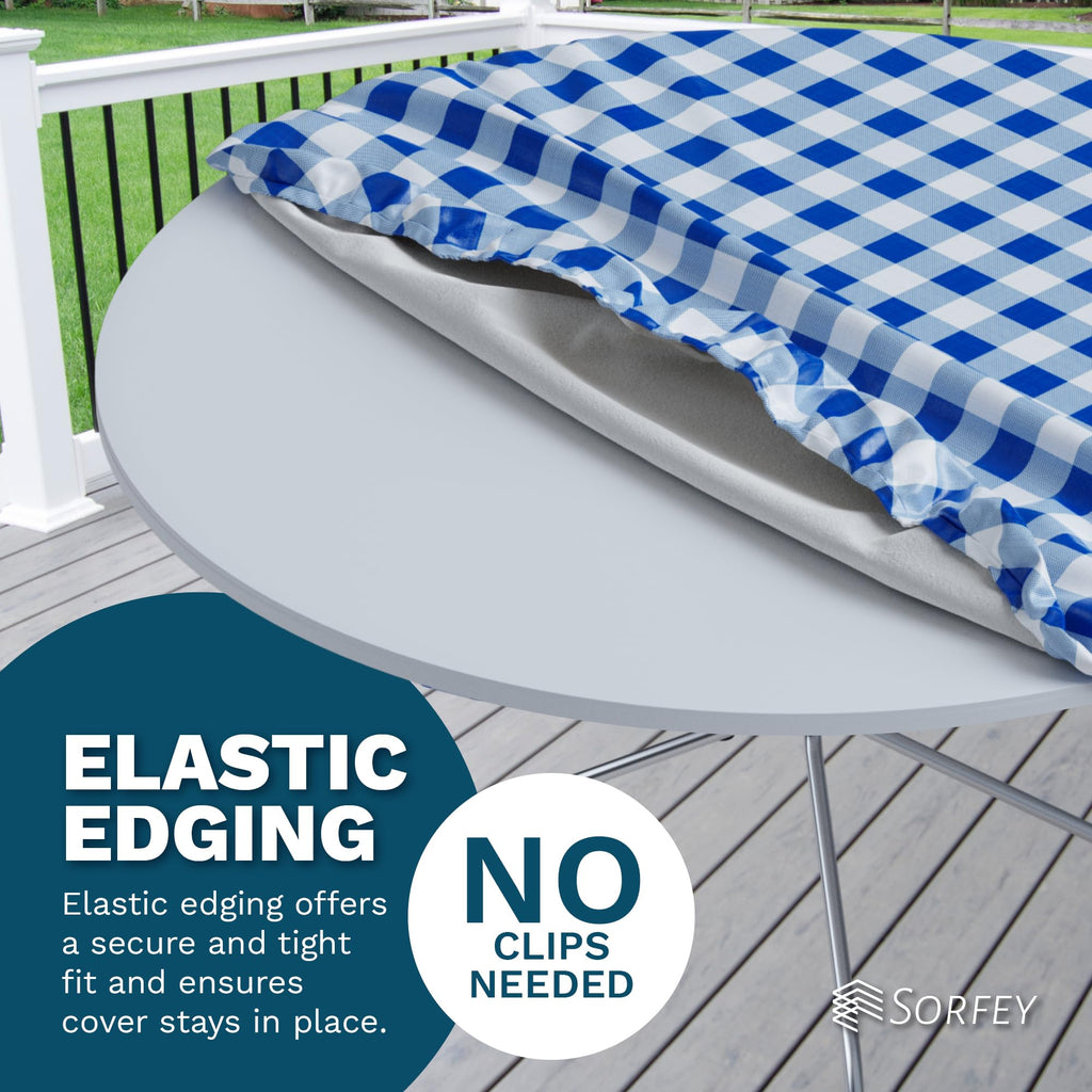 Vinyl Umbrella Round Fitted Tablecloth Cover, Checkered Design, Flannel Backed Lining 60 Inch, Green