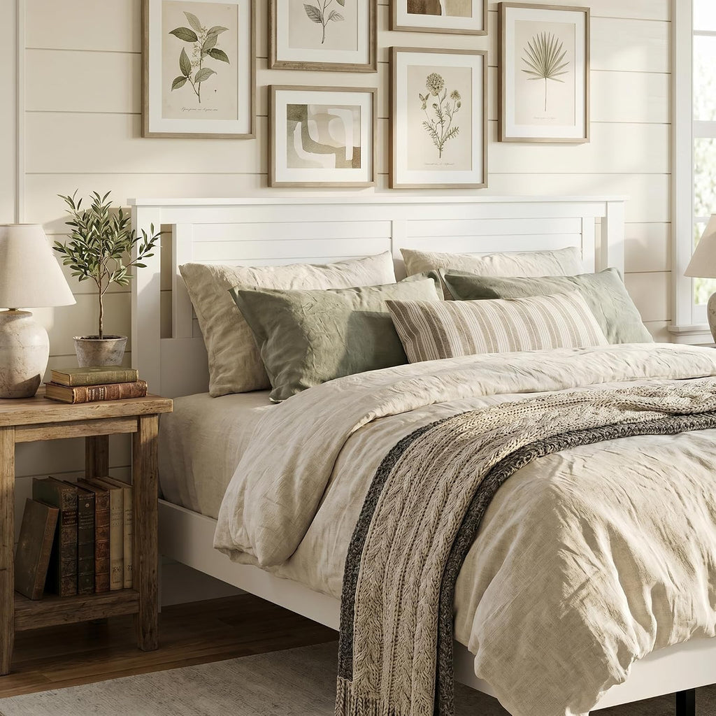 Solid Wood Platform Bed with Wooden Slats - Durable Frame, No Box Spring Required, Ample Underbed Storage, White
