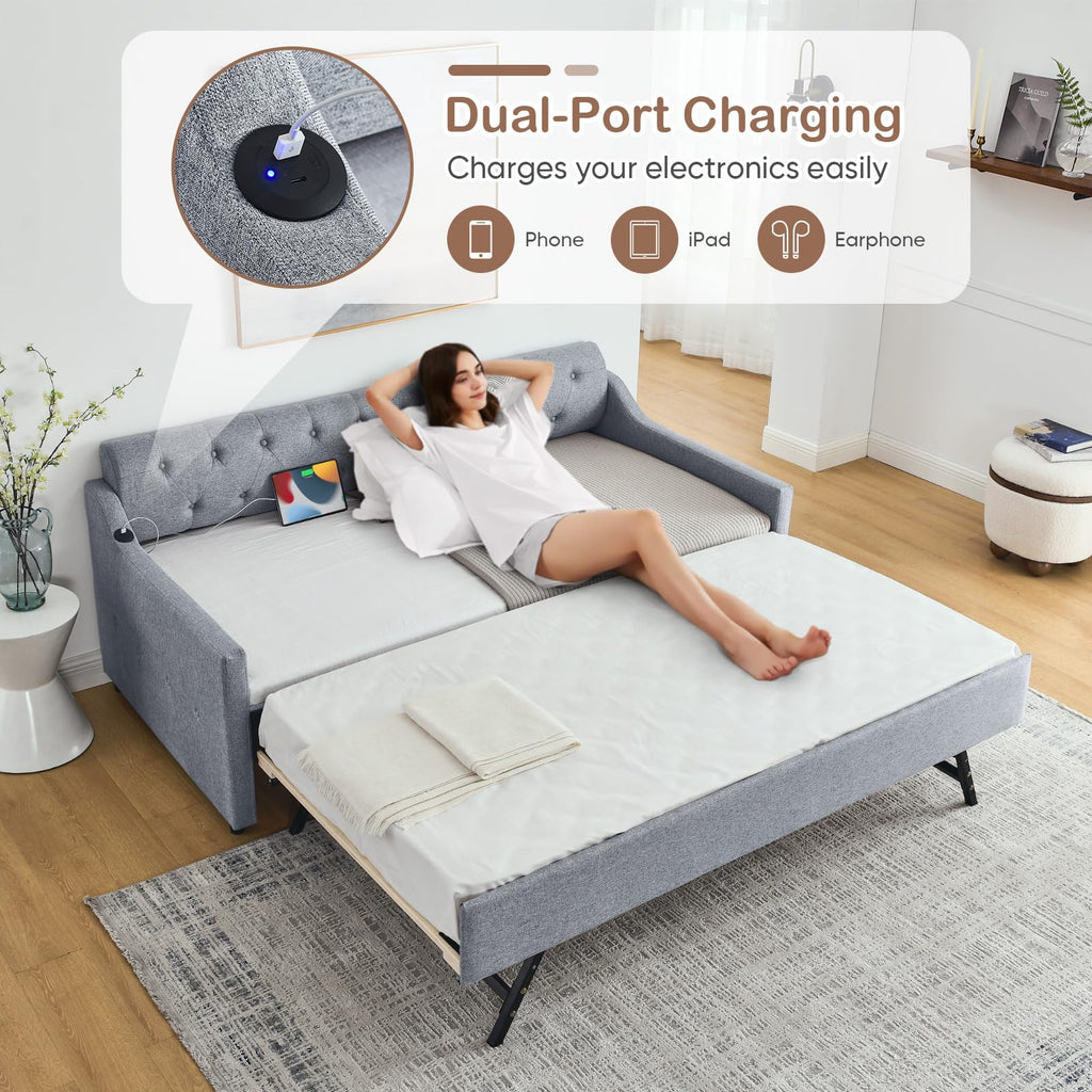 Daybed with Pop Up Trundle, Modern Button Tufted Linen Upholstered Sofa Bed Frame, Twin to King Size Day Bed w/USB &
