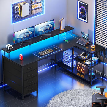 L Shaped Gaming Desk with 4 Drawers, Shelves, Power Outlets, Black | L Shaped Desk with LED Lights , Computer Desk