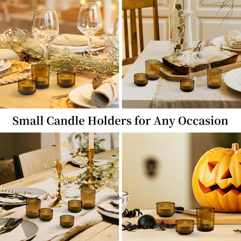 Glass Votive Candle Holders Bulk 24 Amber Ribbed Tealight for Fall