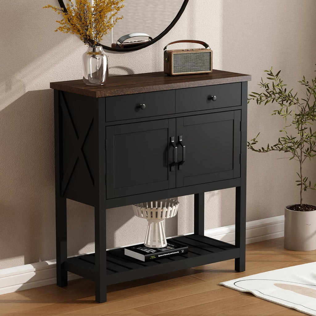 Farmhouse Console Table, Entryway Table with Storage Shelf, Coffee Bar Cabinet, Narrow Buffet Sideboard , Black