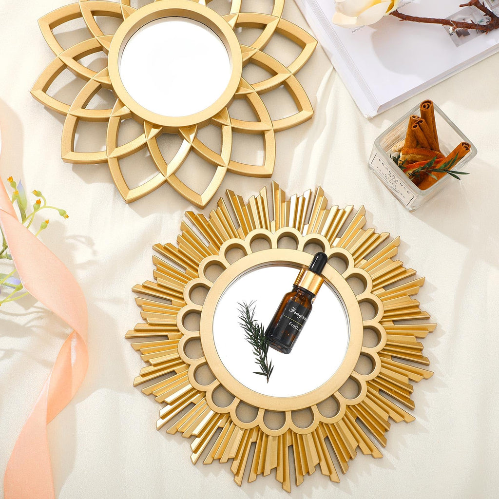 4 Pack Round Mirrors for Wall Sunburst Floral Home Decor, Gold