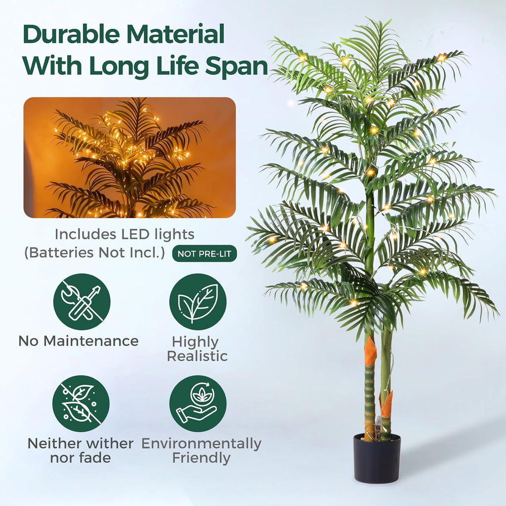 5FT Artificial Palm Tree Tall Plant with Planter & Moss, Realistic 2-Trunk Artificial Tree with Lights, Lifelike