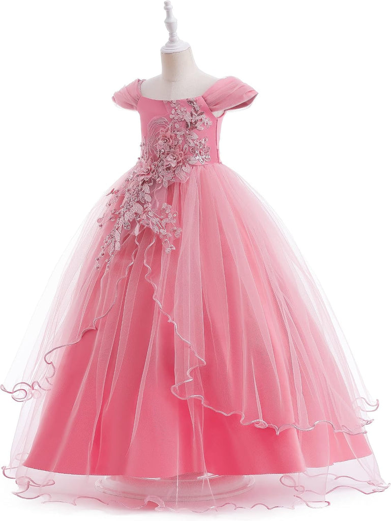 Vintage Off the Shoulder Flower Girl Dress Lace Embroidery Little/Big Girls Wedding Bridesmaid Holiday Ballgown