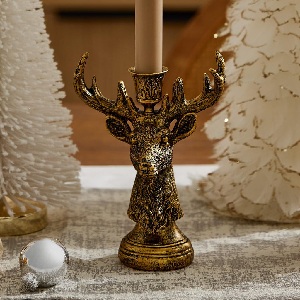 Taper Candle Holder Compatible with Flickering Moving Flame Battery Operated Taper Candles Décor & Gift - Brass