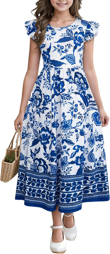 Girl's Summer Boho Floral Flutter Sleeve Casual Maxi Dress