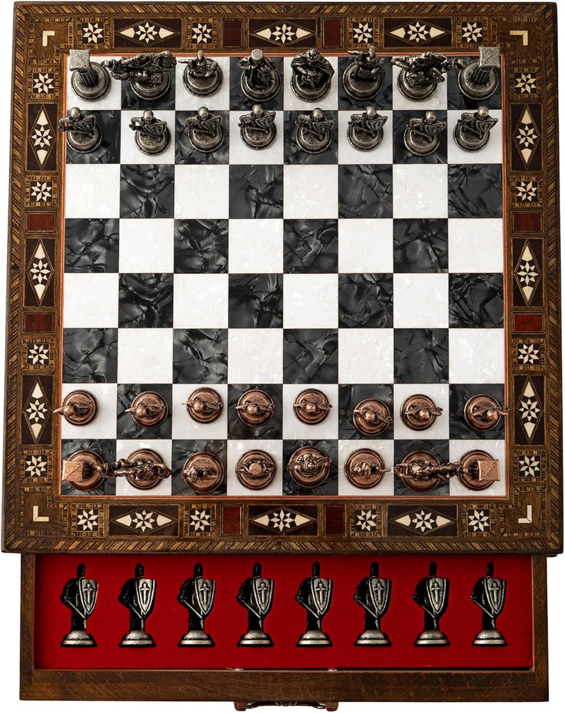 15-Inch Handmade Wooden Chess Set, Metal Pieces & Storage, Black