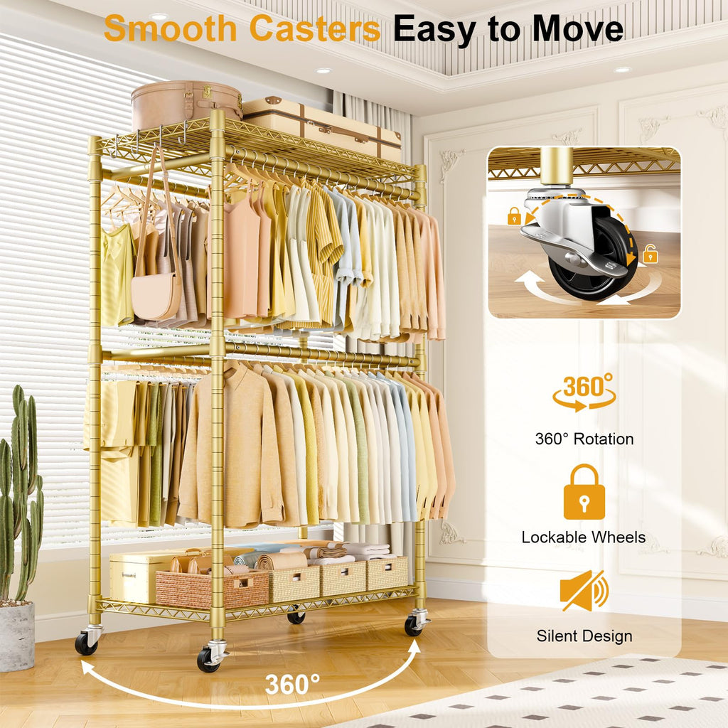 Rolling Clothes Rack, Clothing Racks for Hanging Clothes, Gold