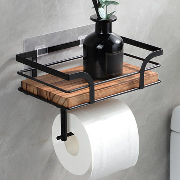 Rustic Farmhouse Toilet Paper Holder with Shelf - Wooden Tissue Paper Roll Holder, Bathroom Wall Mounted Toilet Paper