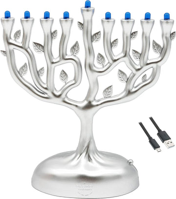 Silver Matte Small Electric , Tree of Life Design Hanukkah , LED, Travel, Light It Anywhere! Batteries or USB