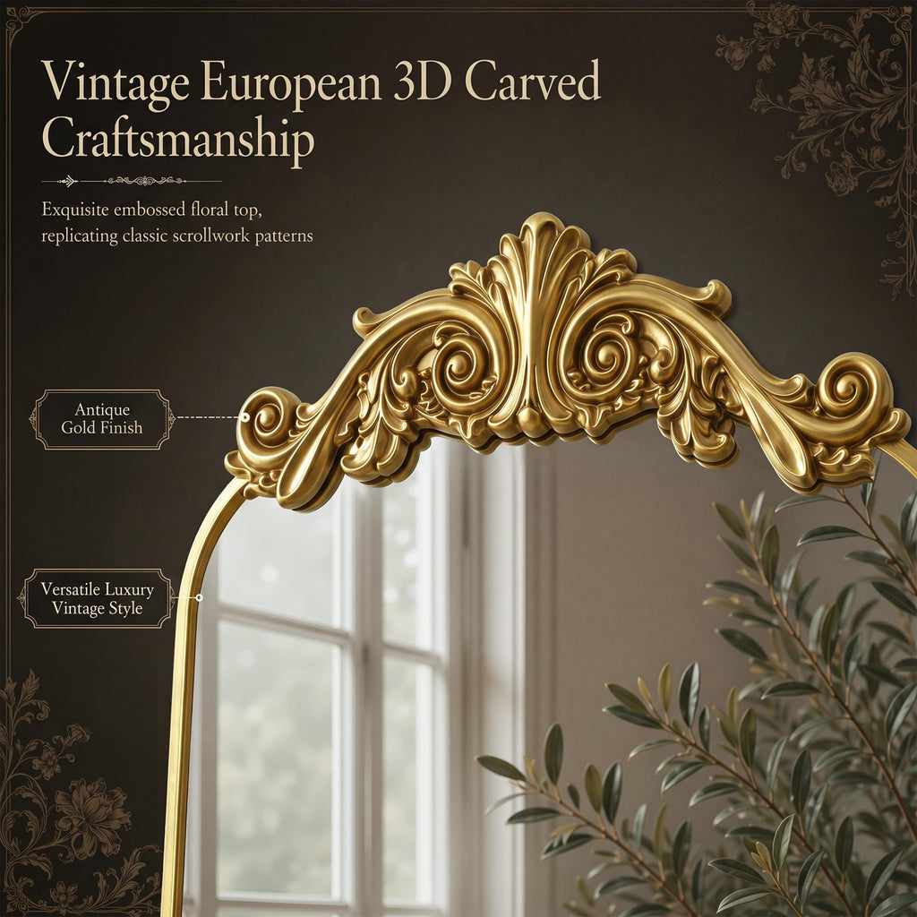 Arched Full Length Mirror, 71"x28" Floor Mirror with Carved, Gold