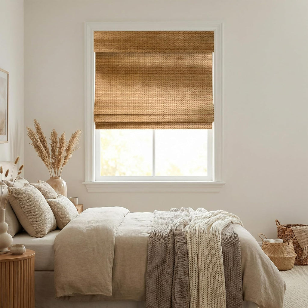 Cordless Woven Wood Roman Shades, Bamboo Shades Sizes 20 to 72 Wide and 24 to 72 High, Bamboo Mesh Natural