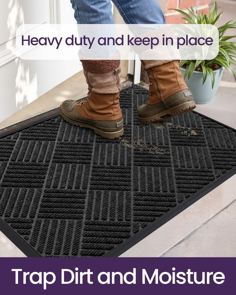 Front Door Mat Outside Entrance 24x36 Rubber Entry Doormat Black | Heavy Duty, Welcome Mats Non Slip, Dirt Trapper