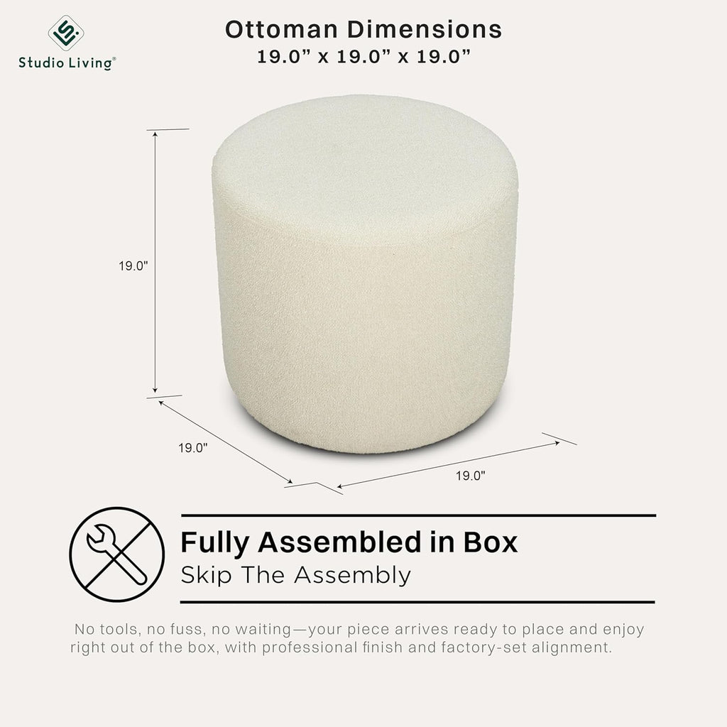 Wentworth 19" Round Ottoman, Urban Transitional, Fully Assembled, Soft Boucle Fabric, Snow