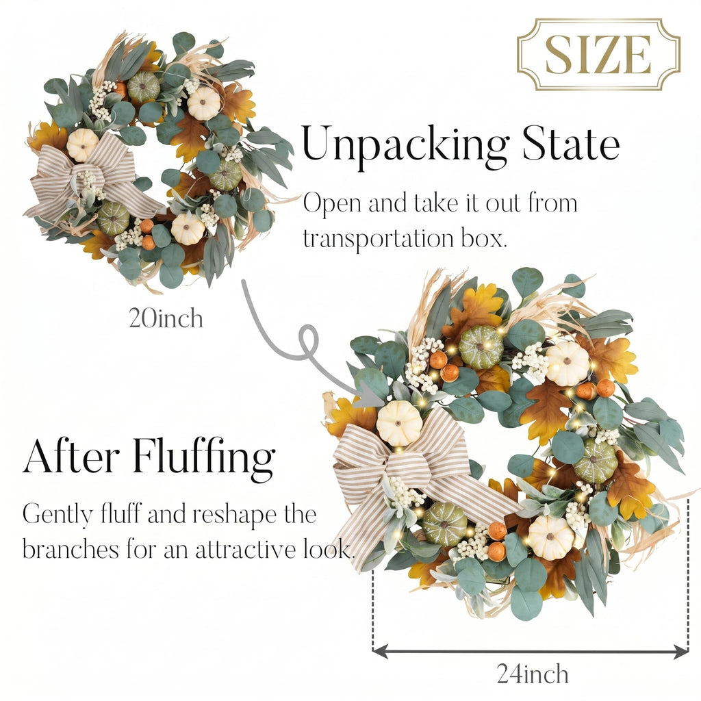 24'' Fall Wreaths for Front Door with LED Lights
