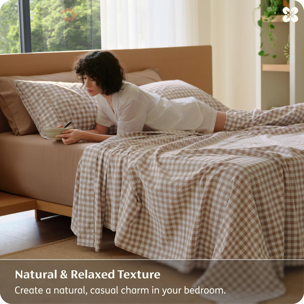 PureWoven Gingham Fall Sheets 100% Washed Cotton, Brown, 6PCS