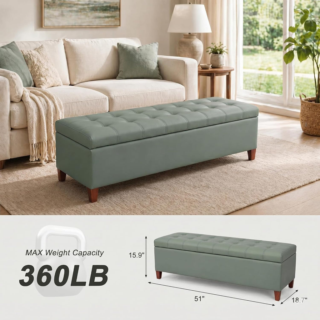 Ottoman with Storage, 51 Inch End of Bed Storage Bench, Faux Leather Upholstered Ottomans with Hinged Lid, Rectangle