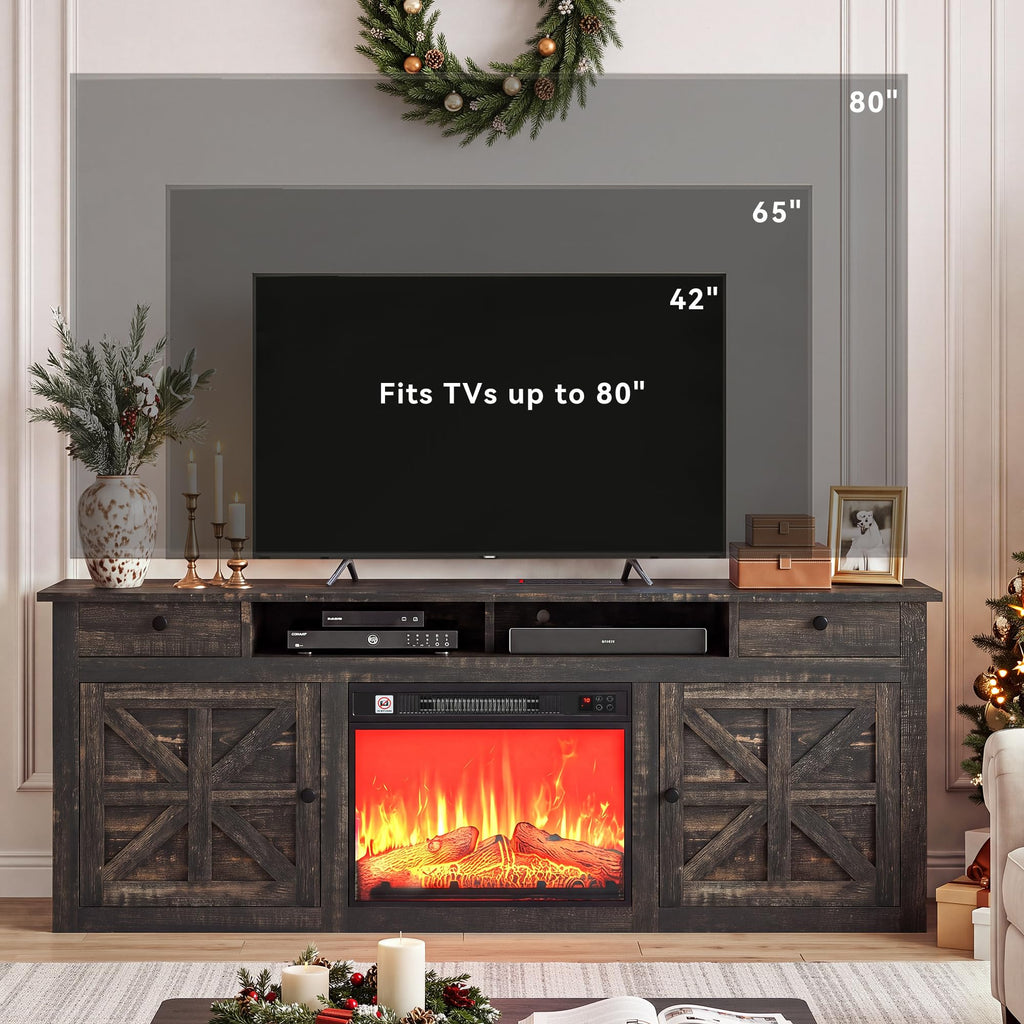 TV Stand with Fireplace for 75 Inch TVs, (Dark Rustic Oak)