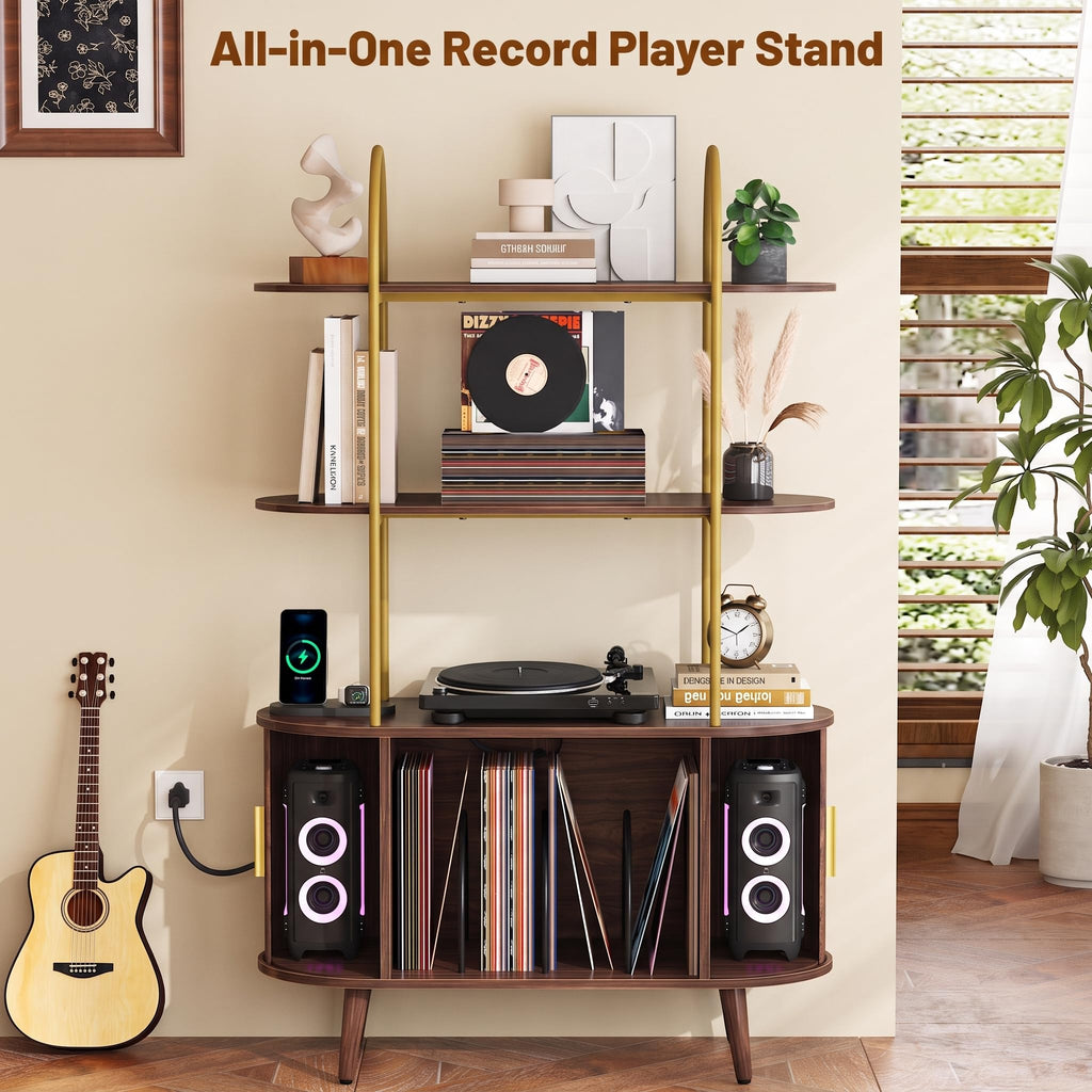 Tall Record Player Stand with Charging Station, 3 Tier Arched Shelf & Vinyl Record Storage Cabinet, Mid Century