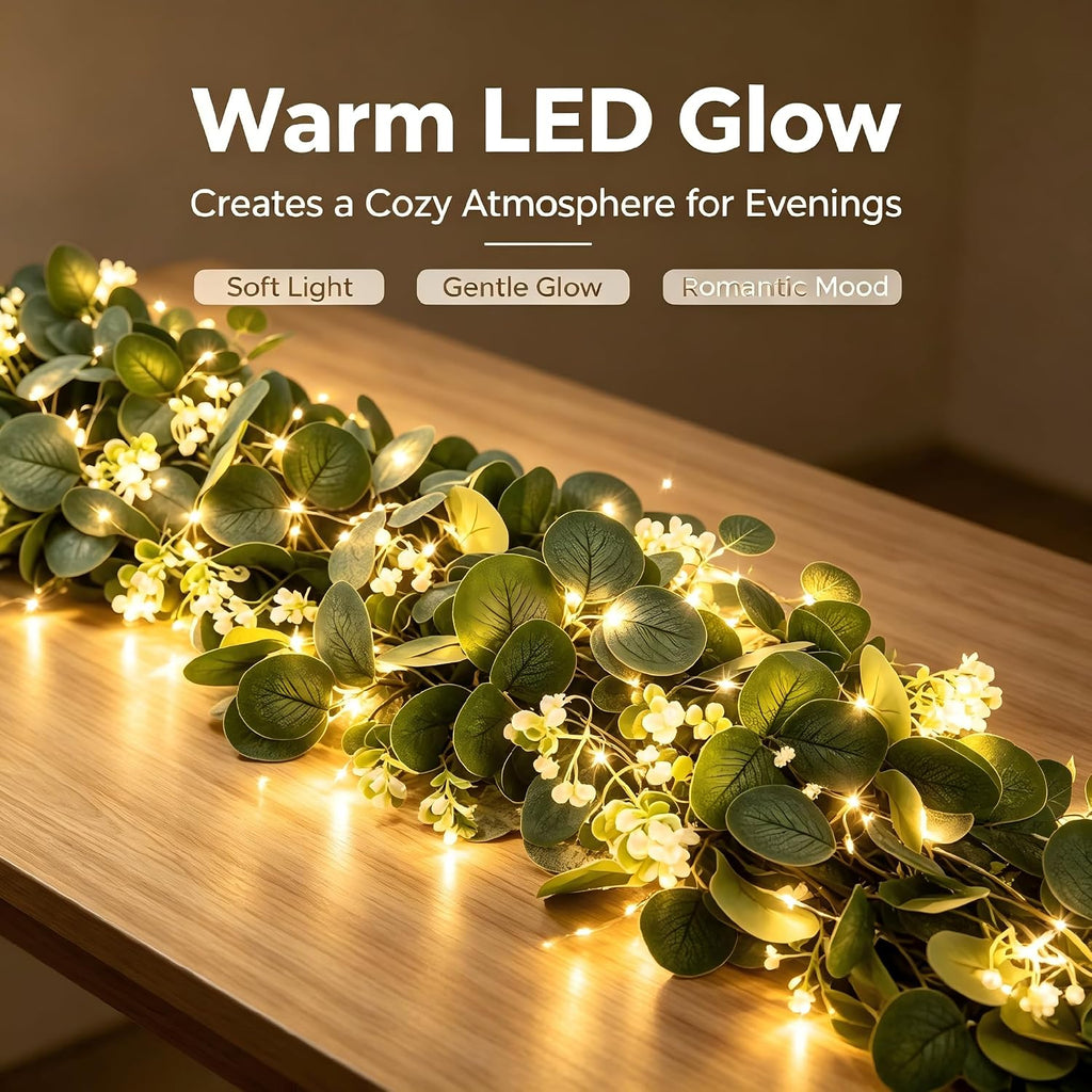 Eucalyptus Garland with Lights, 4 Packs 6FT Artificial Lighted Garland, Spring Summer Green Faux Garlands Outdoor