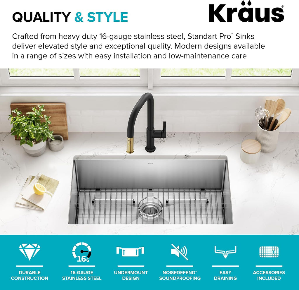 Stainless Steel 32 in 16 Gauge Undermount Sink KHU100-32 | 16-gauge TRU16 steel construction, rounded corners for