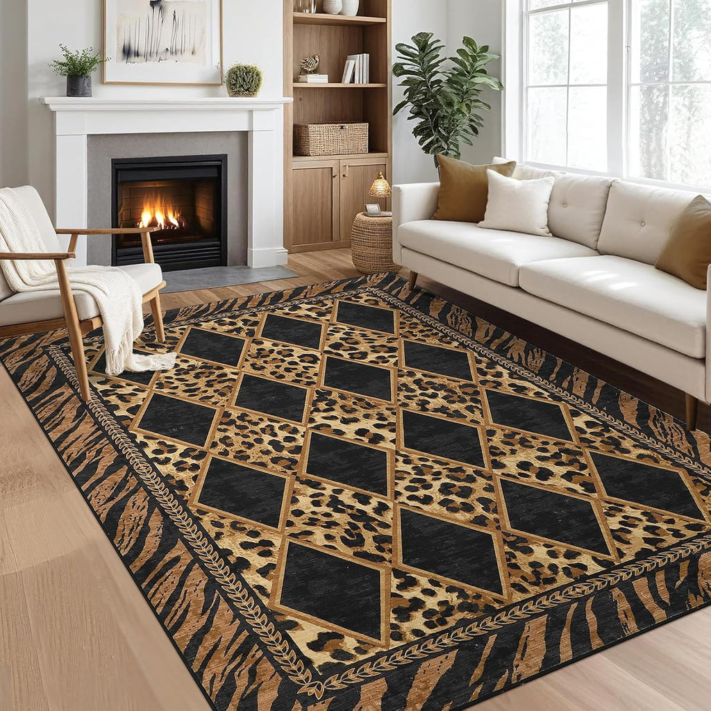 Checkered Leopard Print Area Rug, Soft Low Pile Non-Slip Large Living Room Rugs Machine Washable Indoor Carpet Dining