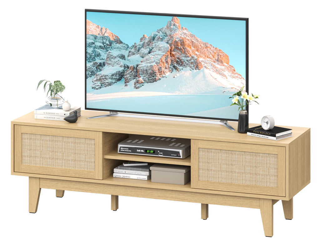 59" TV Stand for 55 65 Inch TVs, Rattan Entertainment Center, Natural
