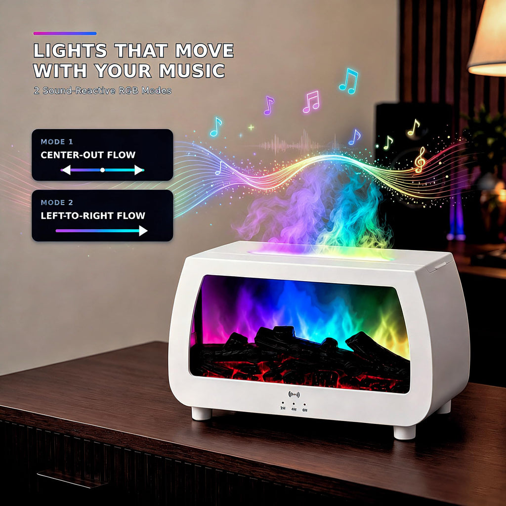 Fireplace Essential Oil Diffuser with Sound Pickup, 200ml Flame Ultrasonic Aroma Humidifier Flame (White)